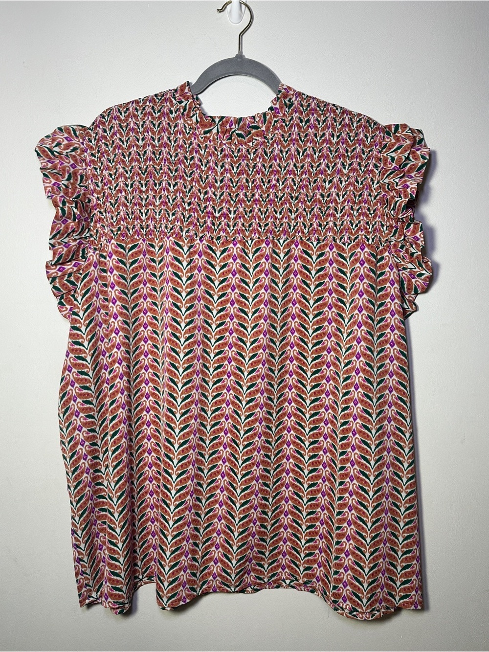 Chic Soul Women’s Boho Smocked Top with Geometric Pattern Pink Burgundy Size 3X